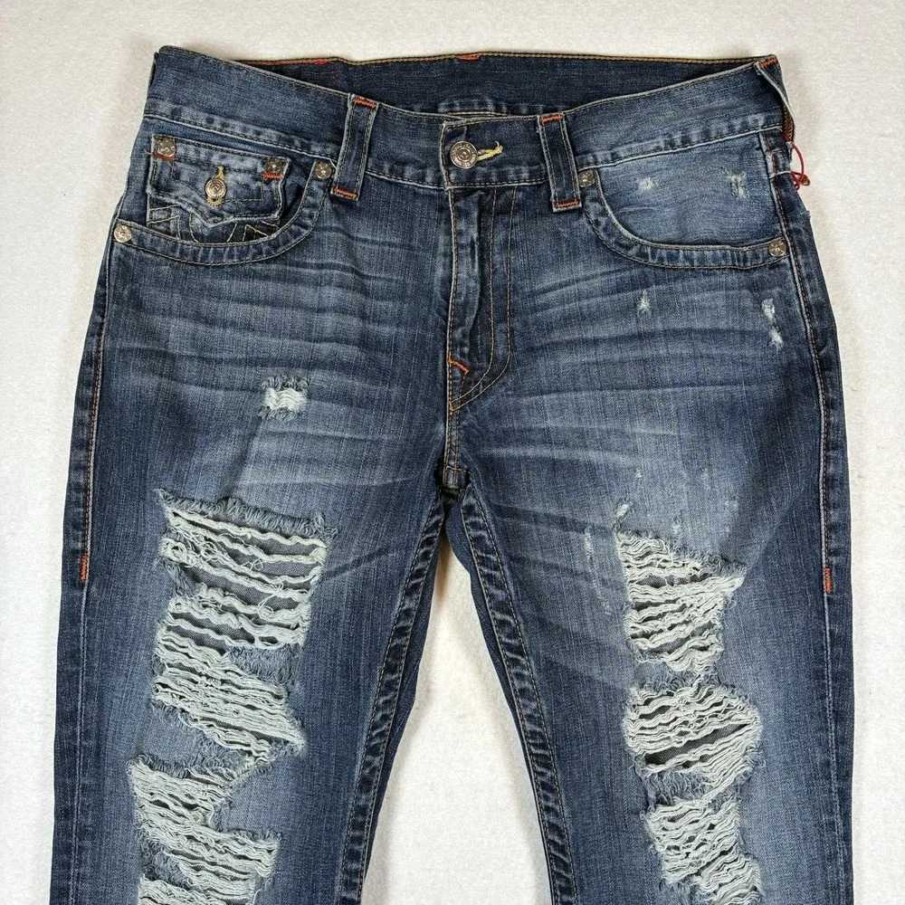True Religion Ricky Straight Flap Men 33 x 33 Blue Distressed 100% Cotton Jeans